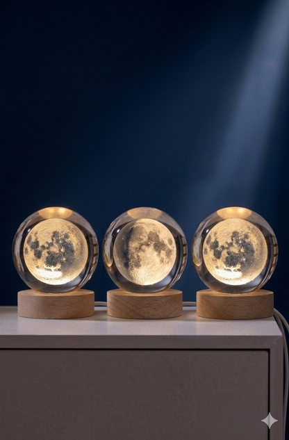Premium 3D Crystal Moon Lamp with Wooden Base - Warm Glow Night Light