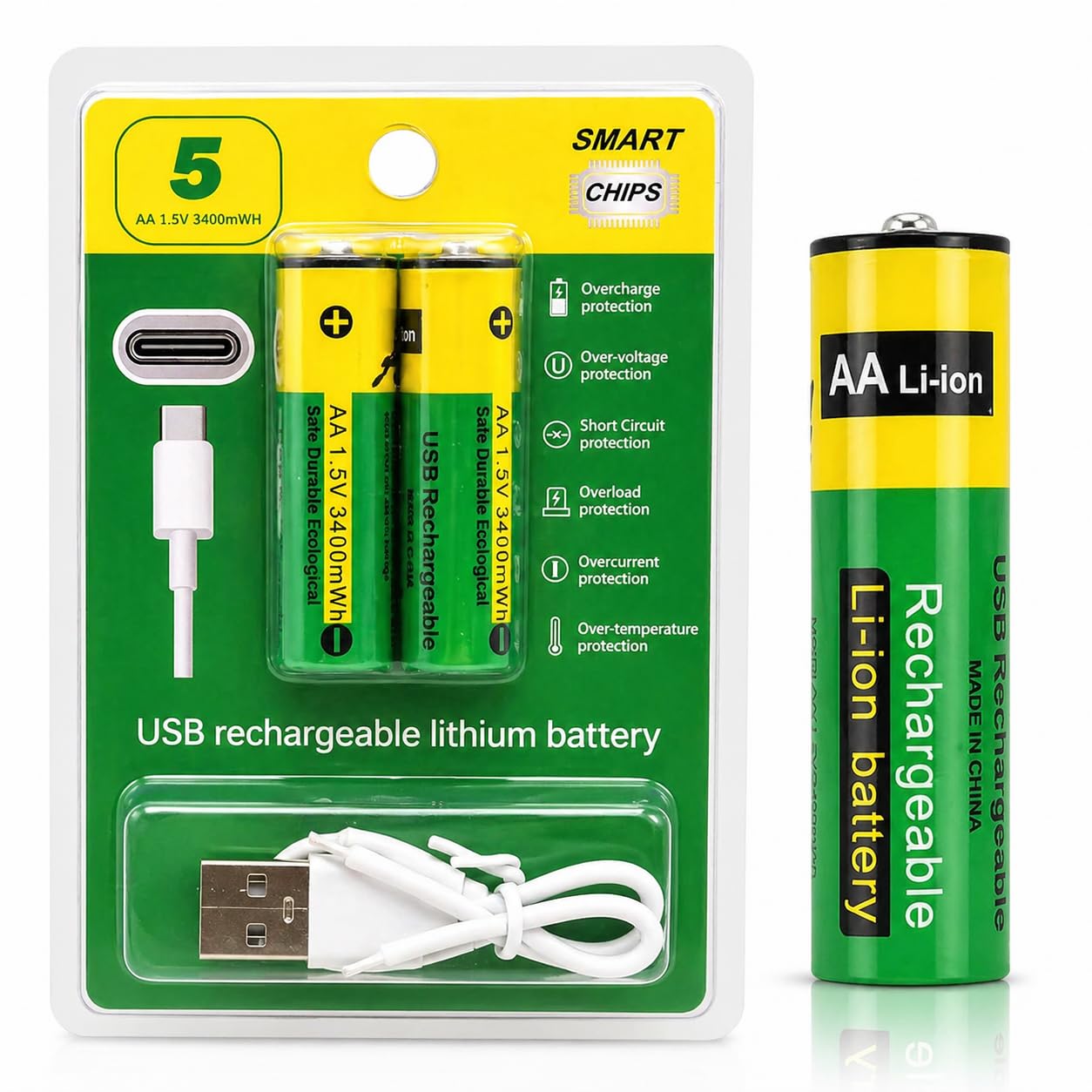 USB Type-C Rechargeable AA & AAA Batteries – 4 Pcs Set