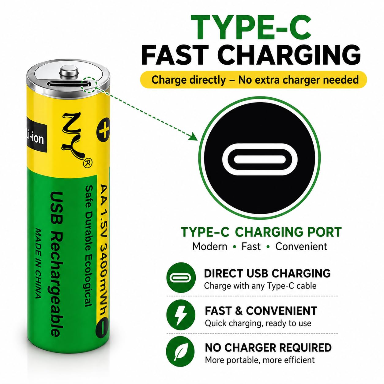 USB Type-C Rechargeable AA & AAA Batteries – 4 Pcs Set