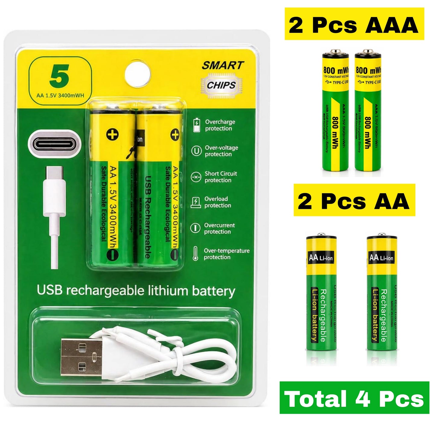 USB Type-C Rechargeable AA & AAA Batteries – 4 Pcs Set