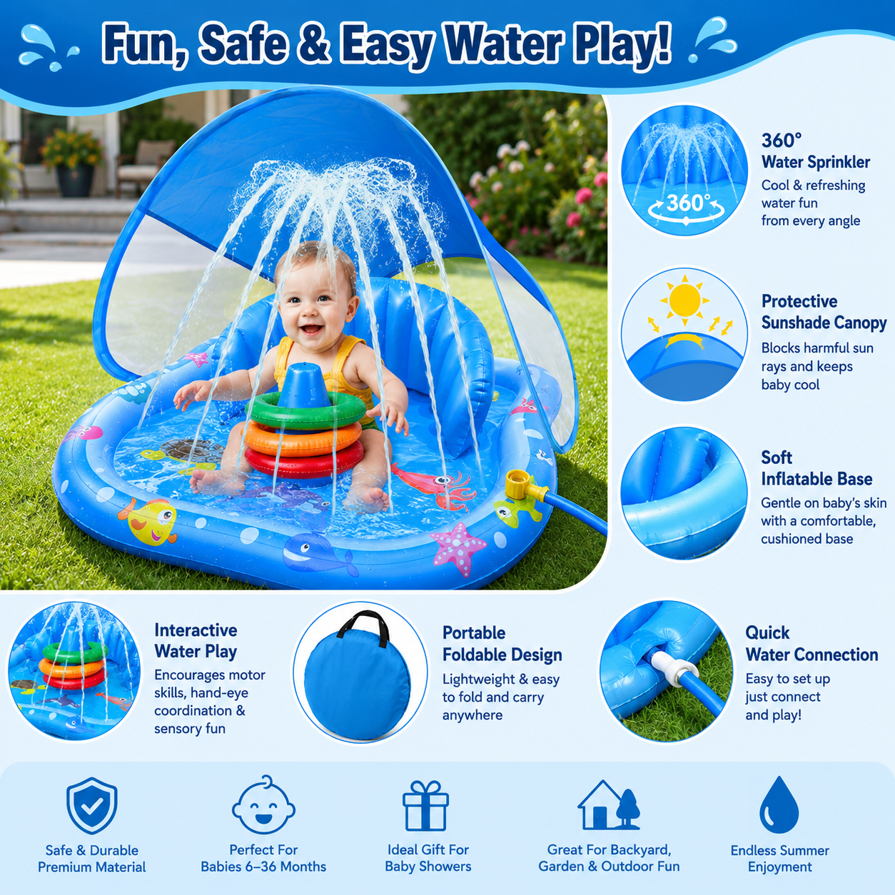 Inflatable Baby Pool With Canopy & Sprinkler