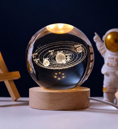3D Galaxy Solar System Crystal Ball Night Lamp with Wooden Base & Astronaut Figures