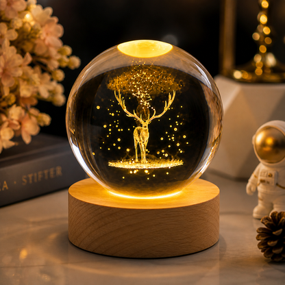 3D Crystal Ball Deer Lamp – LED Night Light with Wooden Base