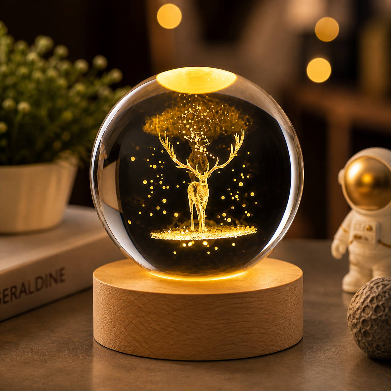 3D Crystal Ball Deer Lamp – LED Night Light with Wooden Base