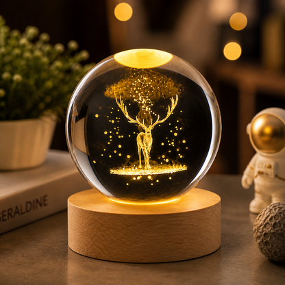 3D Crystal Ball Deer Lamp – LED Night Light with Wooden Base