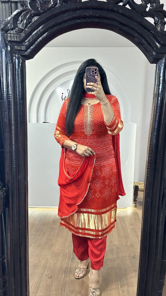 Red Bandhej Gajji Silk Kurti
